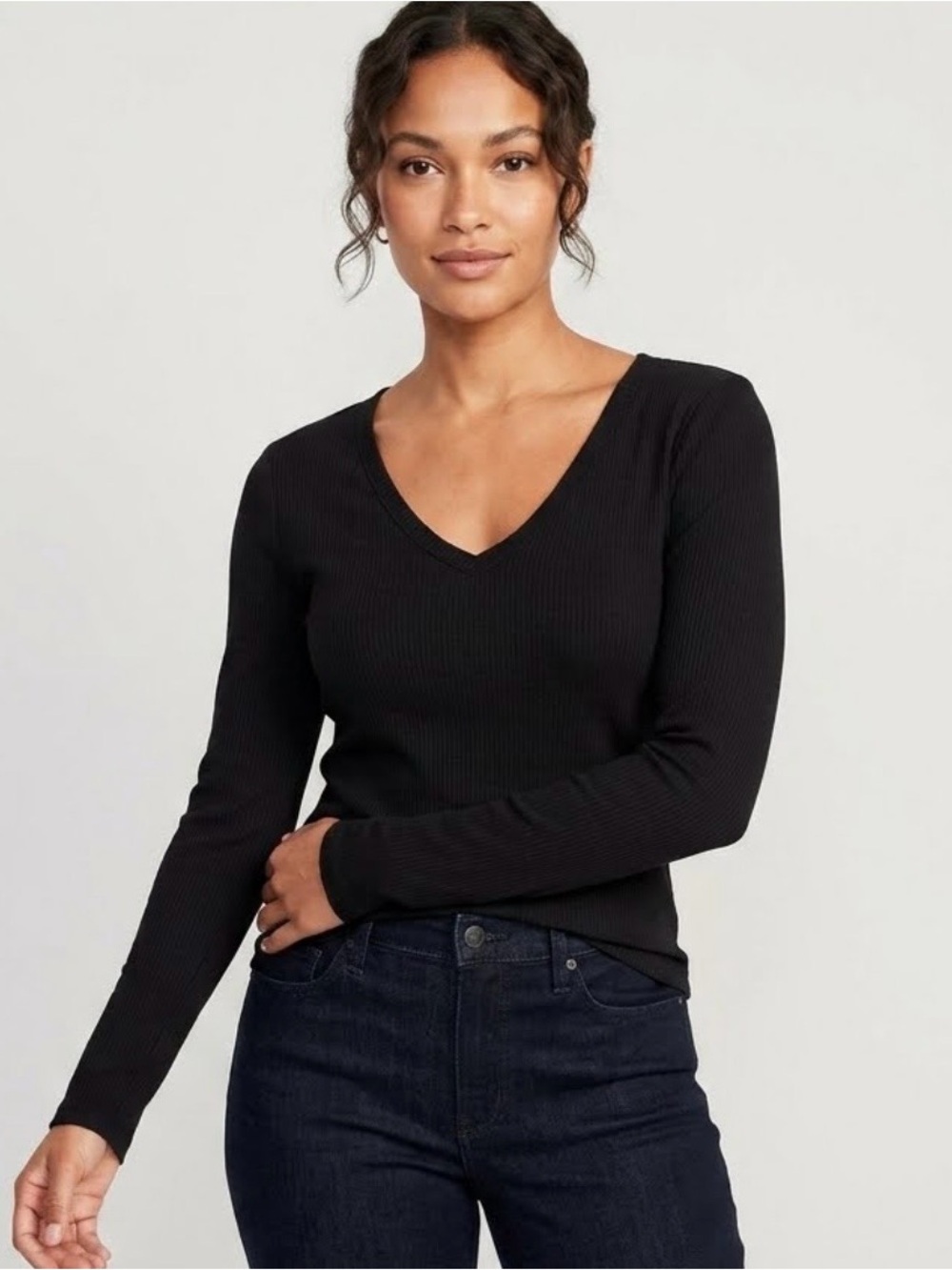 Old Navy black, long-sleeve, ribbed V-neck top